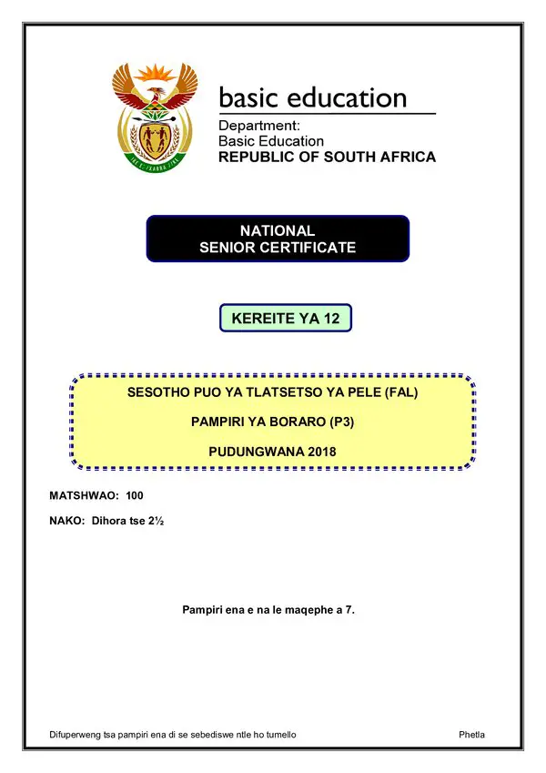 Grade 12 Sesotho past paper 2018 – Sesotho FAL P3 gr12