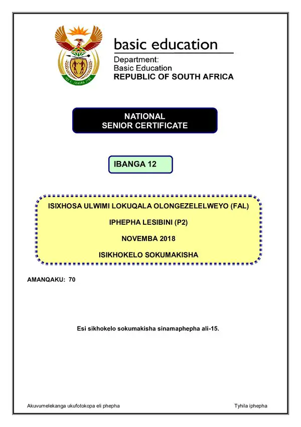 Isixhosa Fal P2 Memo Gr12