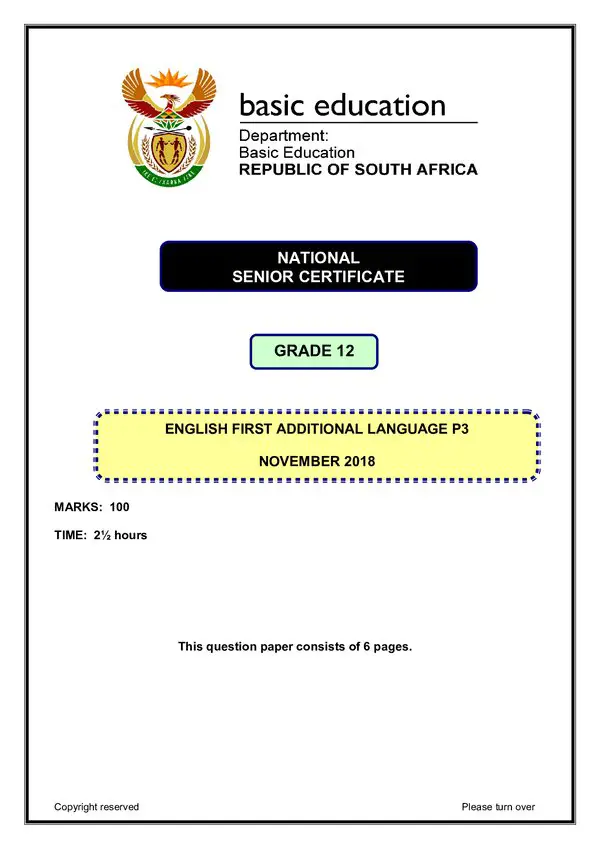Grade 12 English past paper 2018 – English FAL P3 gr12
