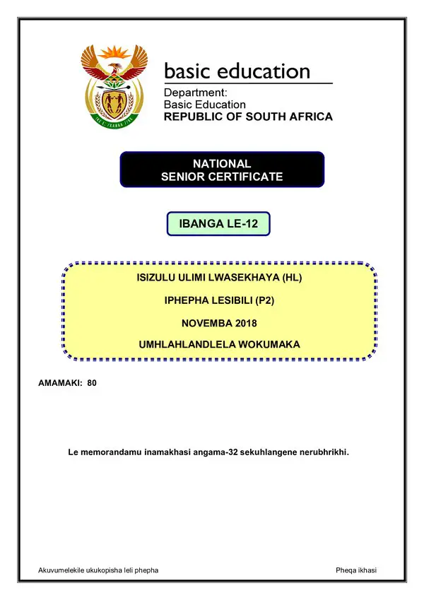 Grade 12 isiZulu past paper 2018 – IsiZulu HL P2 memo gr12