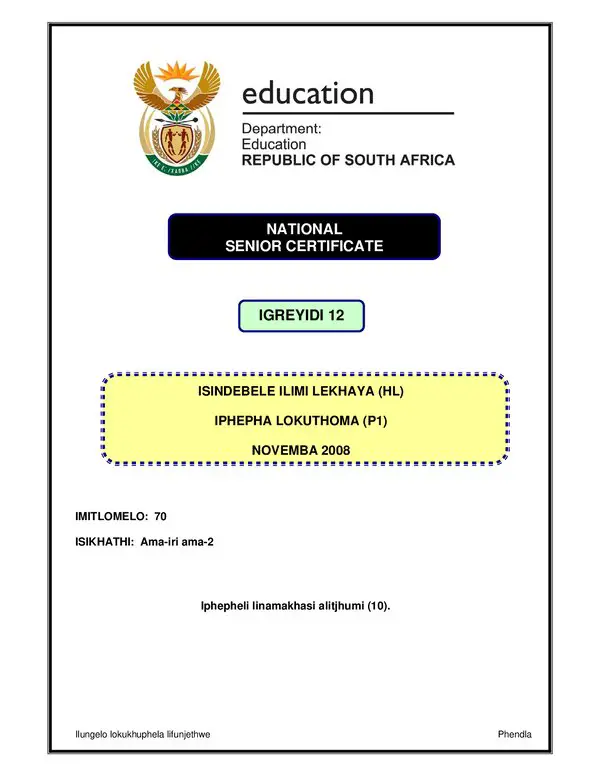 Grade 12 isiNdebele past paper 2008 – Isindebele HL P1 gr12