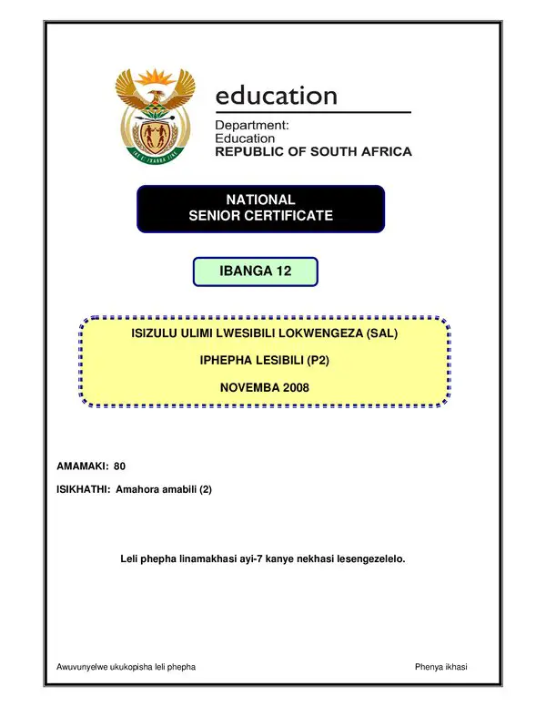 Grade 12 isiZulu past paper 2008 – IsiZulu SAL P2 gr12