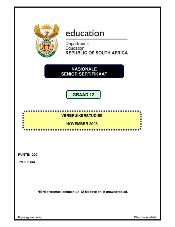 Consumer Studies P1 Afrikaans Gr12