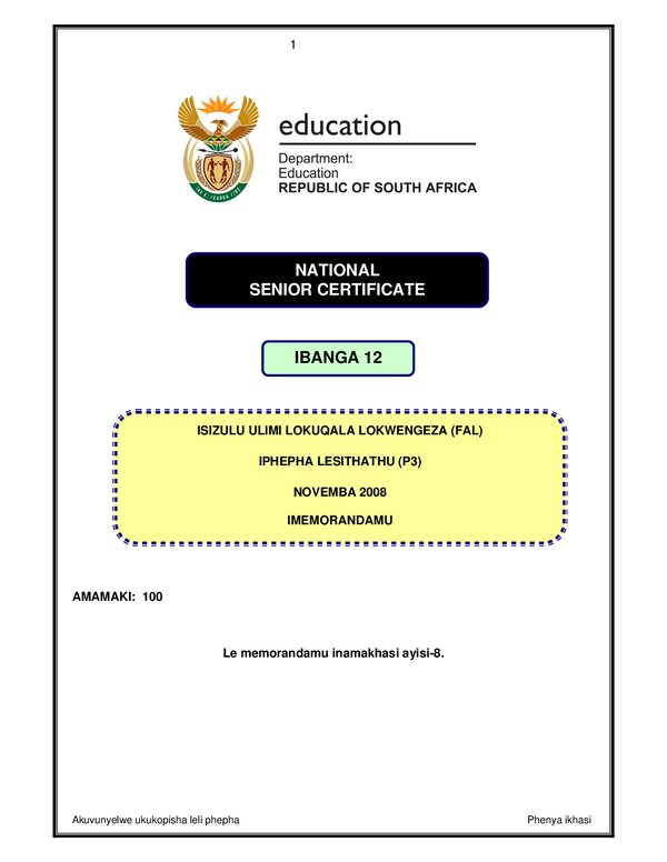 Grade 12 isiZulu past paper 2008 – IsiZulu FAL P3 memo gr12