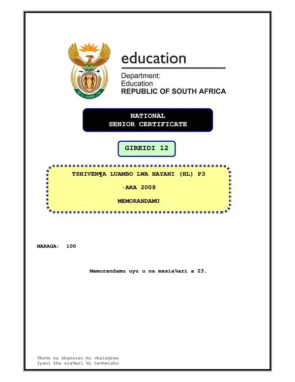 Tshivenda Hl P3 Memo Gr12