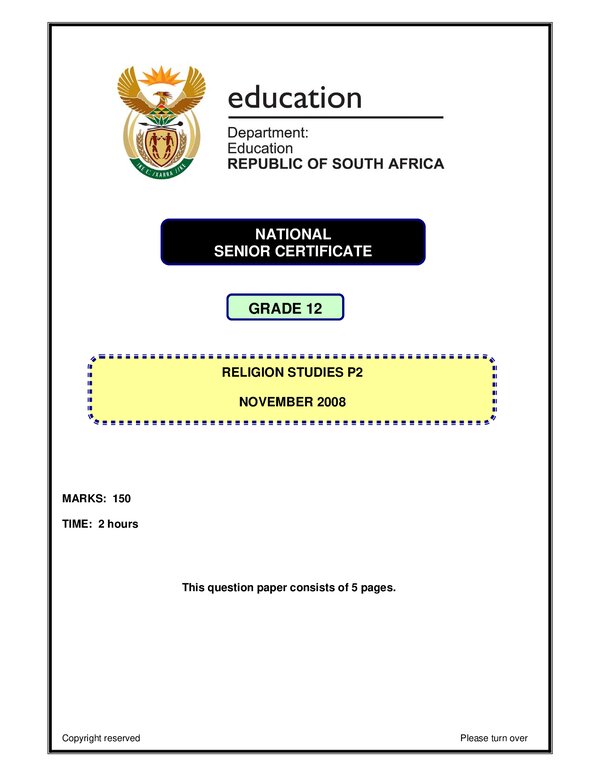 Grade 12 English past paper 2008 – Religious Studies P2 English gr12