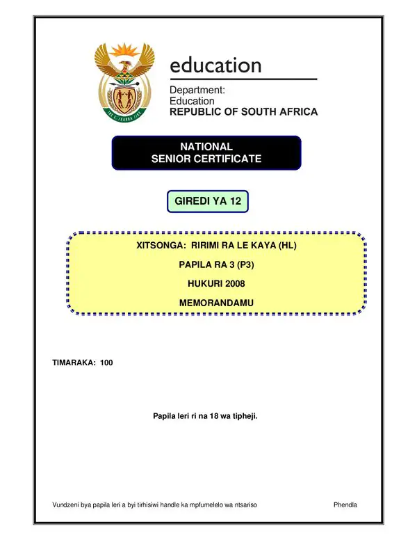 Grade 12 Xitsonga past paper 2008 – Xitsonga HL P3 memo gr12