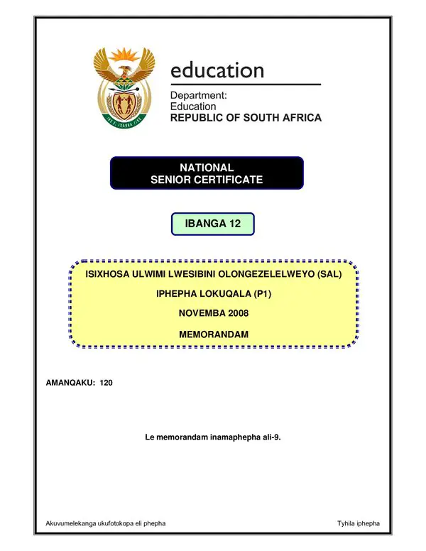 Isxhosa Sal P1 (Western Cape) Memo Gr12