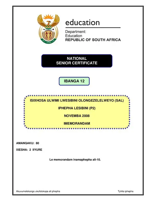 Grade 12 isiXhosa past paper 2008 – IsXhosa SAL P2 memo gr12
