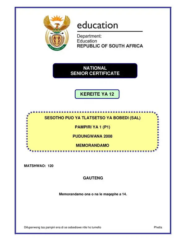Sesotho Sal P1 (Gauteng) Memo Gr12