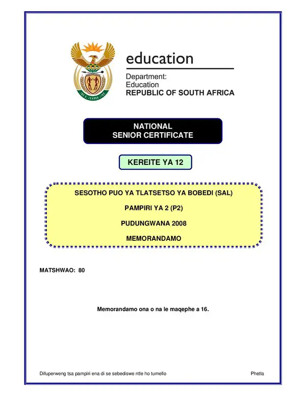 Grade 12 Sesotho past paper 2008 – Sesotho SAL P2 memo gr12