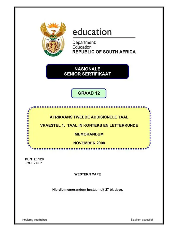 Afrikaans Sal P1 (Western Cape) Memo Gr12