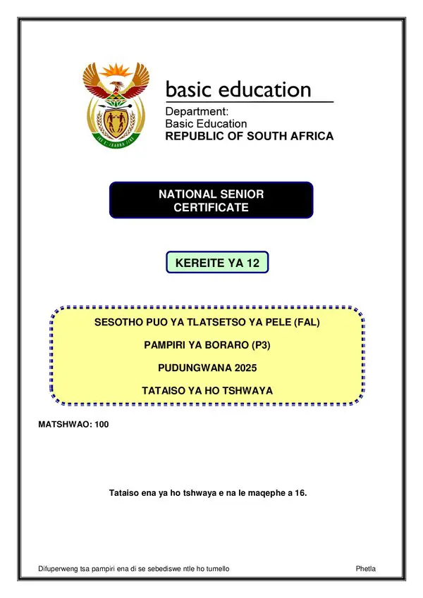Sesotho Fal P3 Memo Gr12
