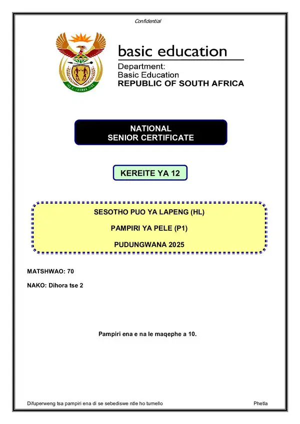 Grade 12 Sesotho past paper 2025 – Sesotho HL P1 gr12