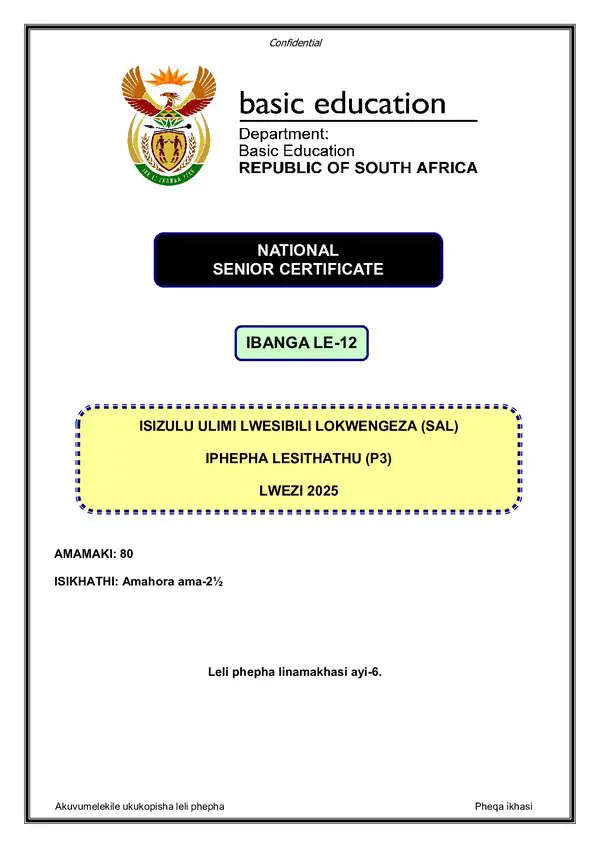 Grade 12 isiZulu past paper 2025 – IsiZulu SAL P3 gr12