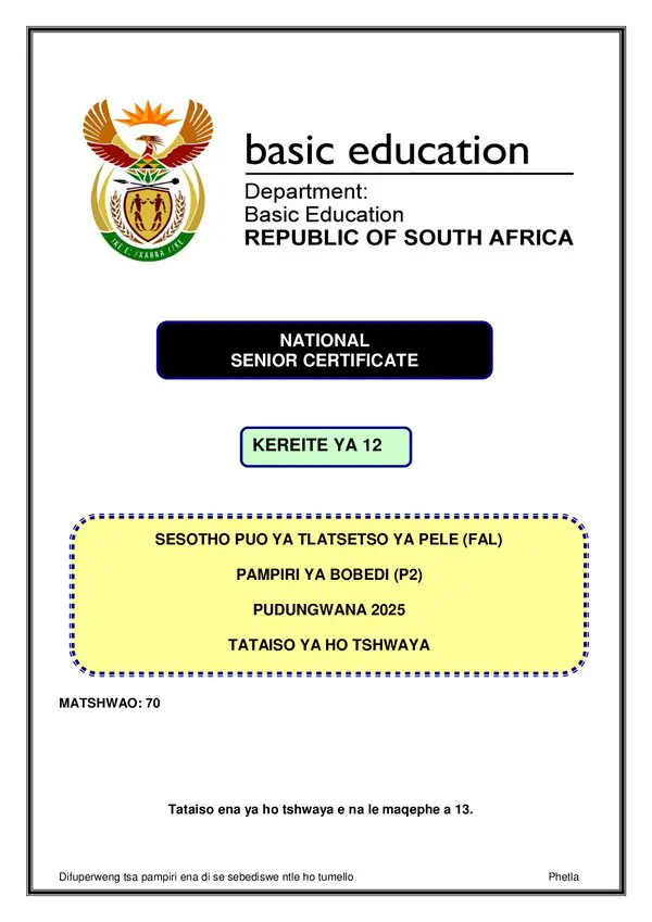 Grade 12 Sesotho past paper 2025 – Sesotho FAL P2 Memo gr12
