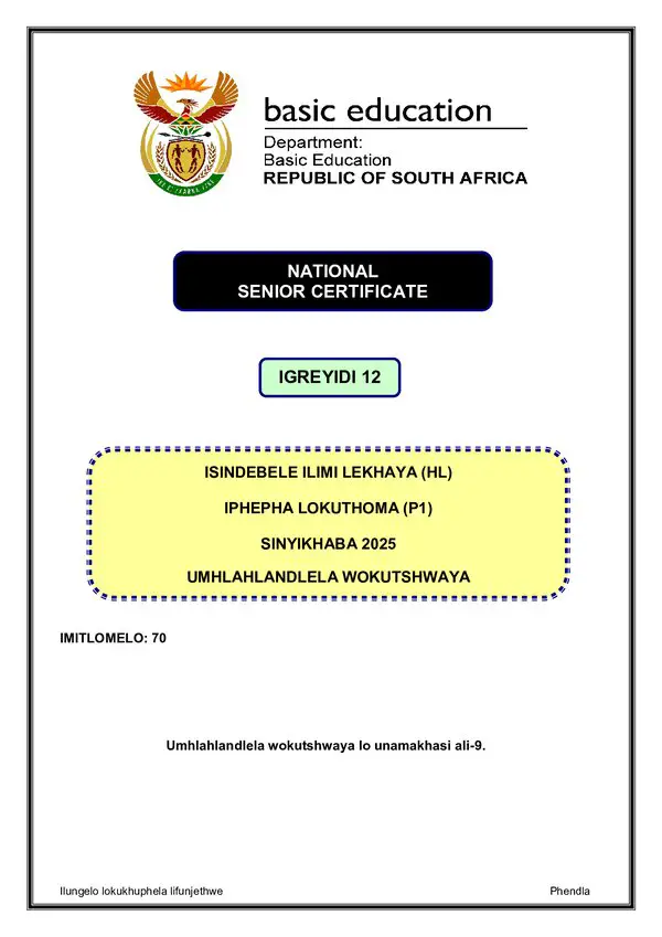 Grade 12 isiNdebele past paper 2025 – IsiNdebele HL P1 Memo gr12