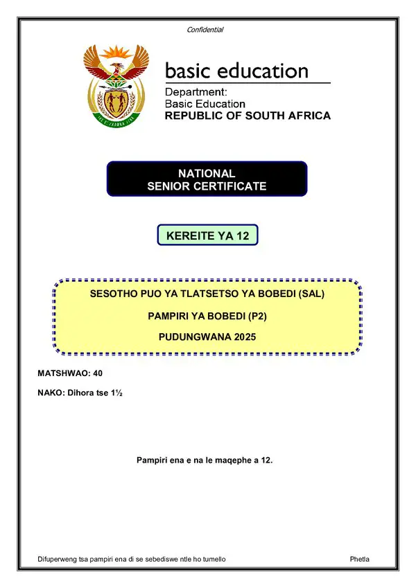 Grade 12 Sesotho past paper 2025 – Sesotho SAL P2 gr12