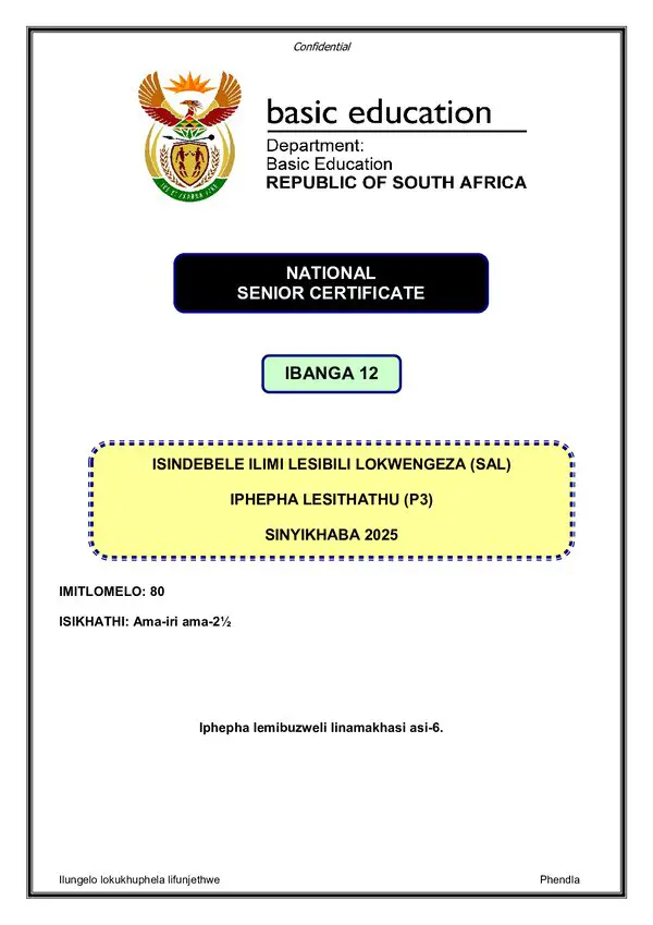 Grade 12 isiNdebele past paper 2025 – IsiNdebele SAL P3 gr12