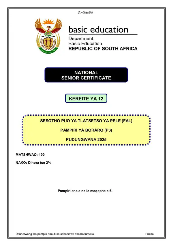 Grade 12 Sesotho past paper 2025 – Sesotho FAL P3 gr12