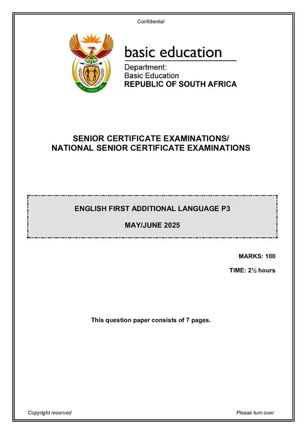 Grade 12 English past paper 2025 – English FAL P3 gr12