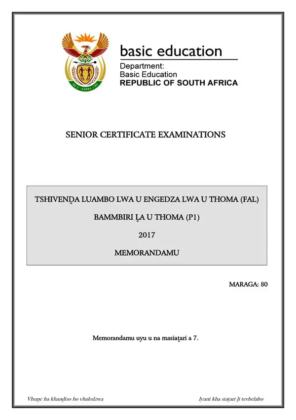 Tshivenda Fal P1 Memo Gr12