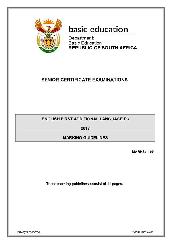 Grade 12 English past paper 2017 – English FAL P3 memo gr12