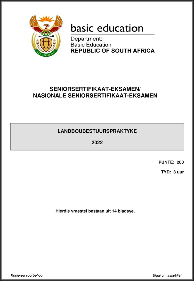 Grade 12 Landboubestuurspraktyke past paper 2022 – agricultural management practices may june 2022 afr gr12