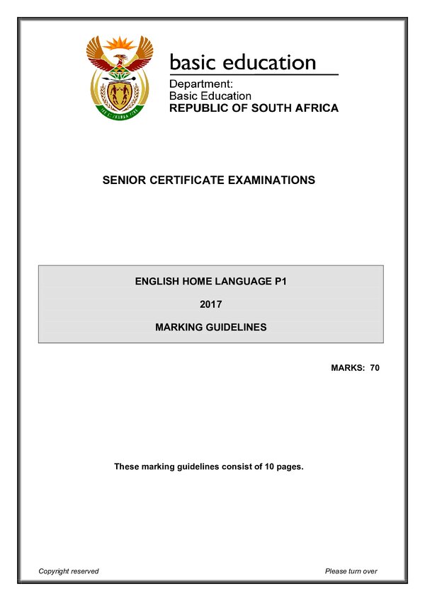 Grade 12 English past paper 2017 – English HL P1 memo gr12