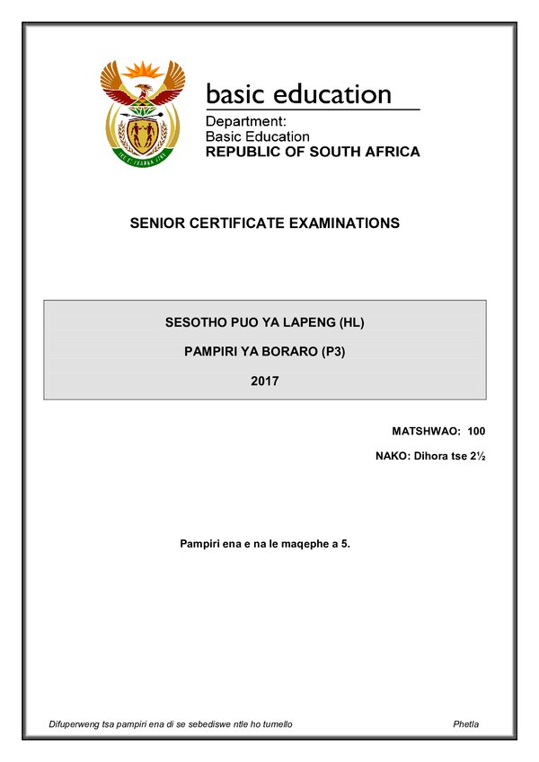 Grade 12 Sesotho past paper 2012 – Sesotho HL P3 gr12