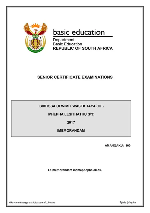 Grade 12 isiNdebele past paper 2017 – IsiNdebele HL P3 memo gr12