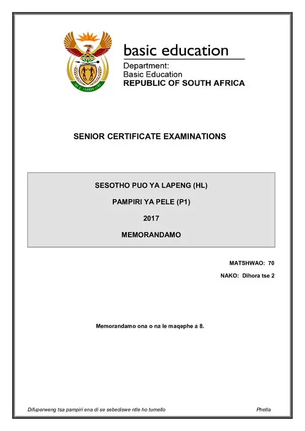 Grade 12 Sesotho past paper 2017 – Sesotho HL P1 memo gr12