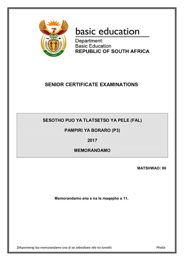 Sesotho Fal P3 Memo Gr12