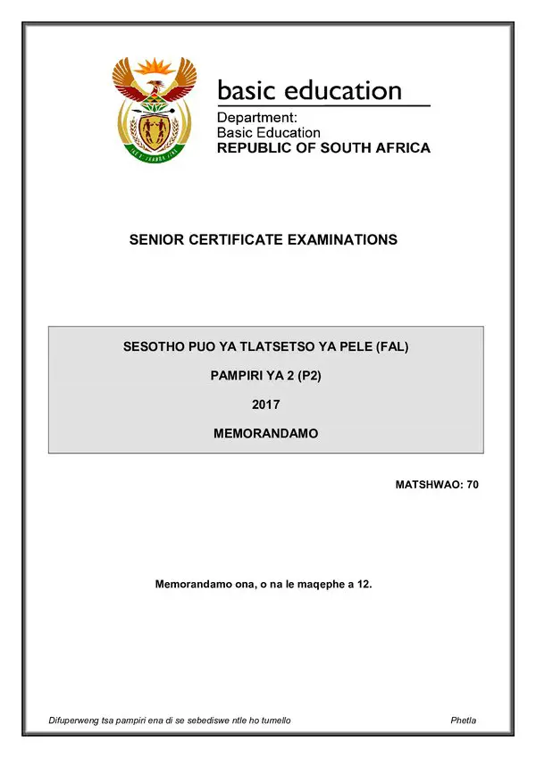 Grade 12 Sesotho past paper 2017 – Sesotho FAL P2 memo gr12