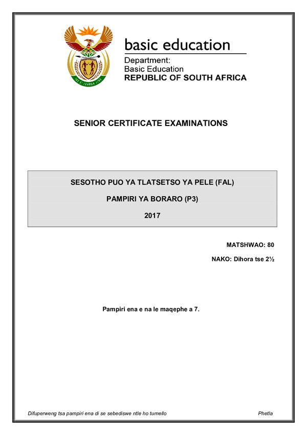 Grade 12 Sesotho past paper 2013 – Sesotho FAL P3 gr12
