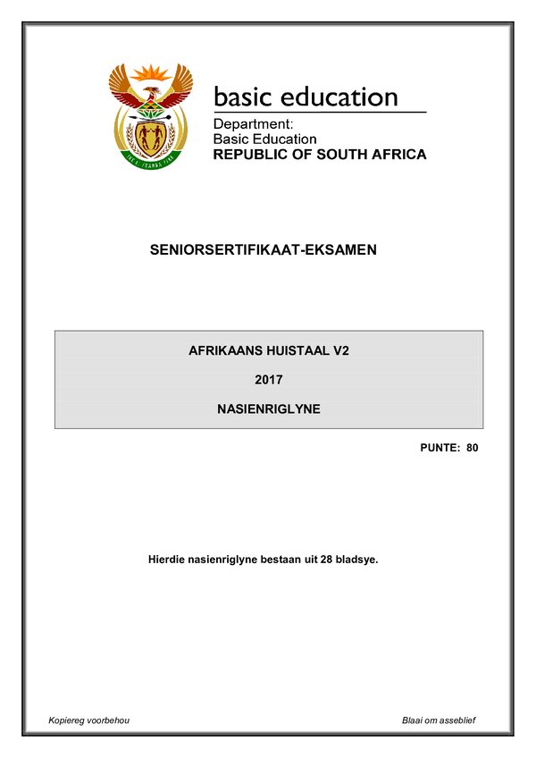 Grade 12 Afrikaans past paper 2017 – Afrikaans HL P2 memo gr12