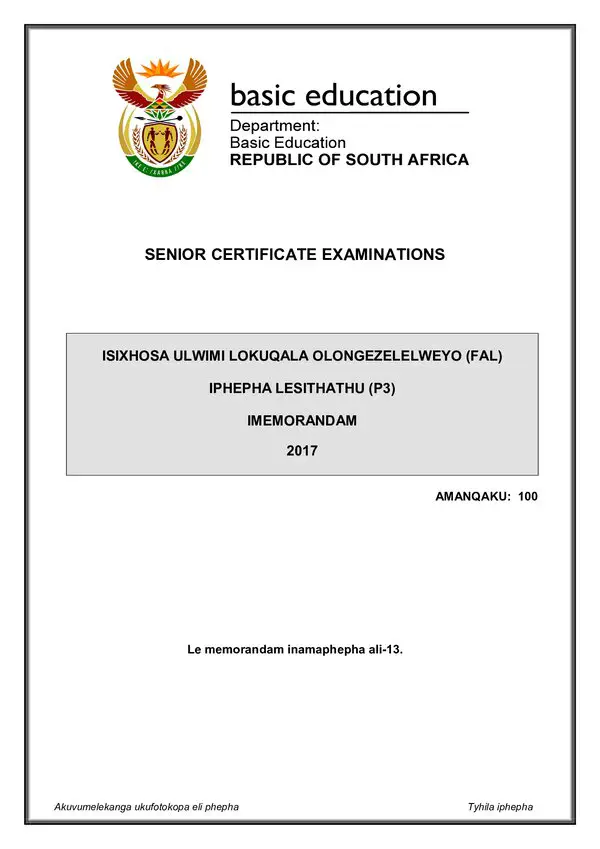 Isixhosa Fal P3 Memo Gr12