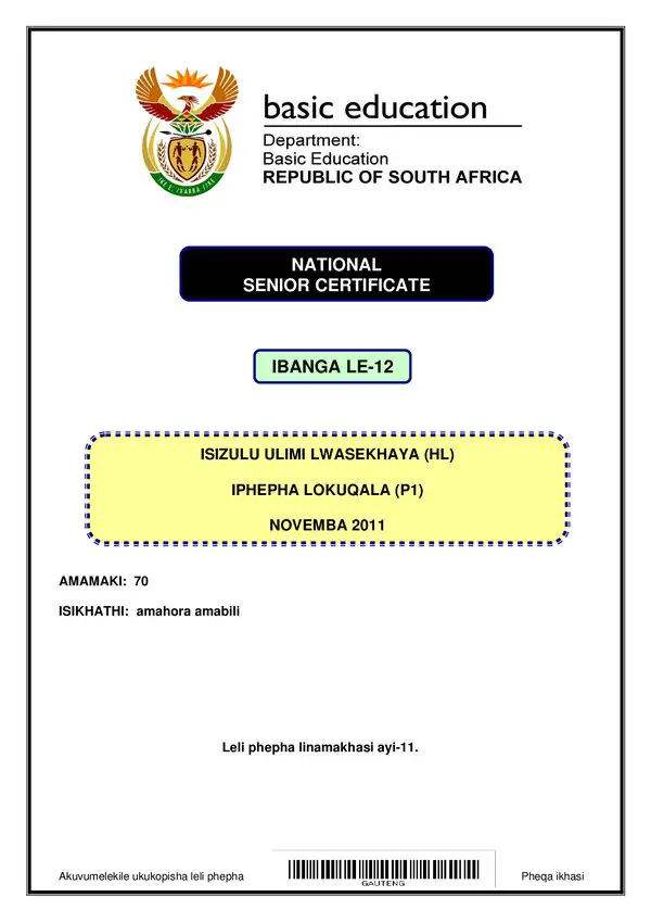 Grade 12 isiZulu past paper 2011 – IsiZulu HL P1 gr12