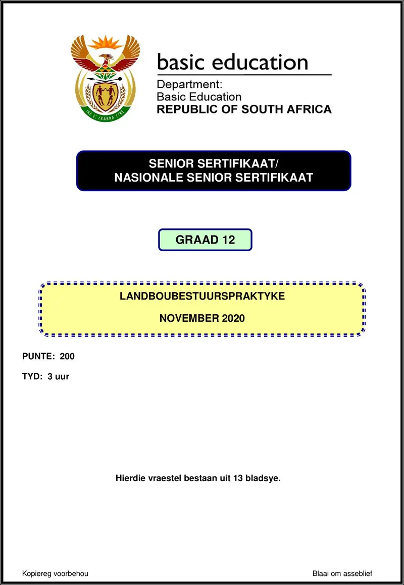 Grade 12 Landboubestuurspraktyke past paper 2020 – agricultural management practices nov 2020 afr gr12