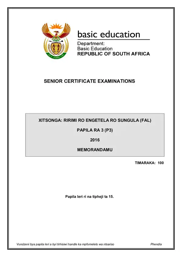 Grade 12 Xitsonga past paper 2016 – Xitsonga FAL P3 Memo gr12
