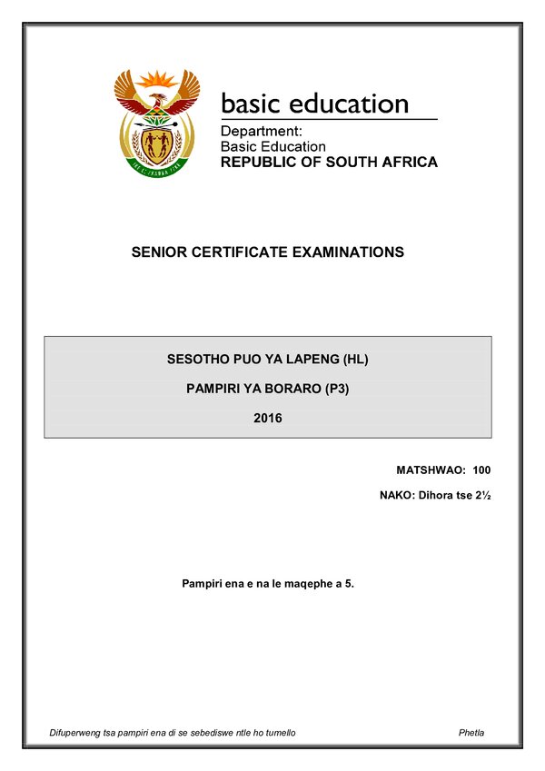 Grade 12 Sesotho past paper 2001 – Sesotho HL P3 gr12