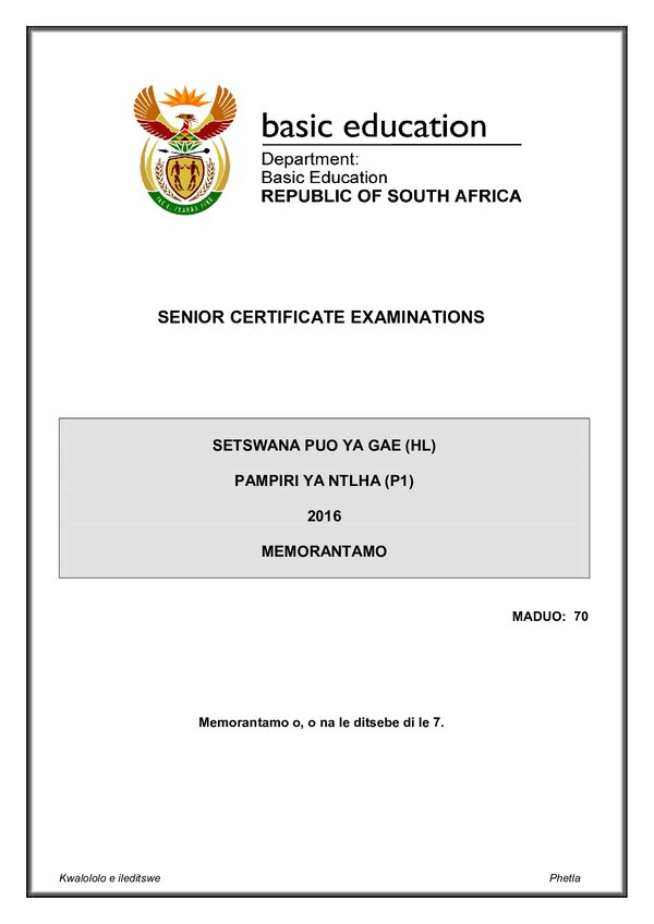 Setswana Hl P1 Memo Gr12