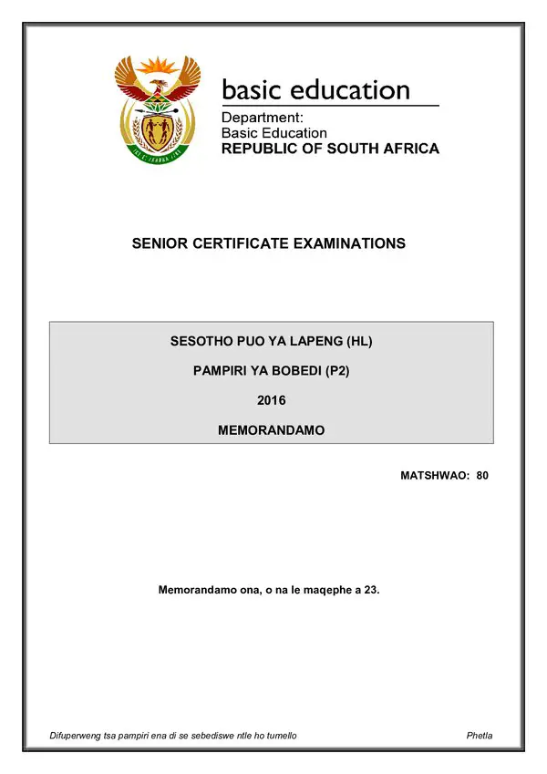 Sesotho Hl P2 Memo Gr12