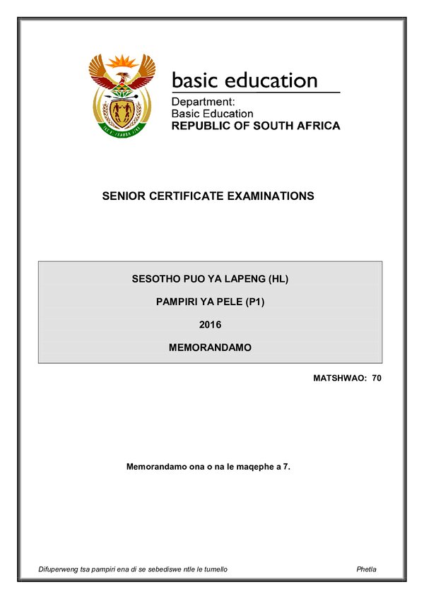 Grade 12 Sesotho past paper 2016 – Sesotho HL P1 memo gr12