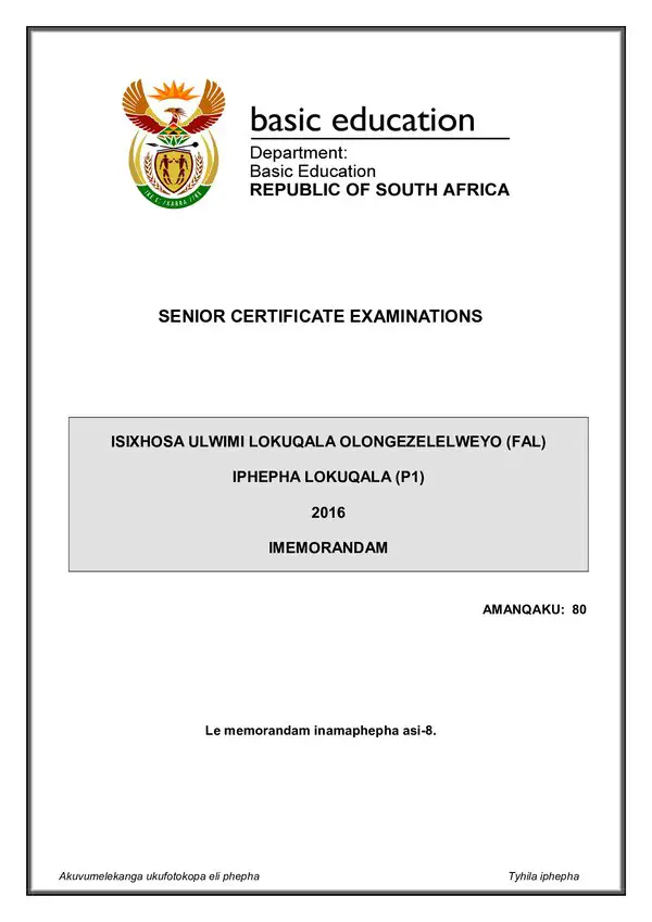 Grade 12 isiXhosa past paper 2016 – IsiXhosa FAL P1 memo gr12