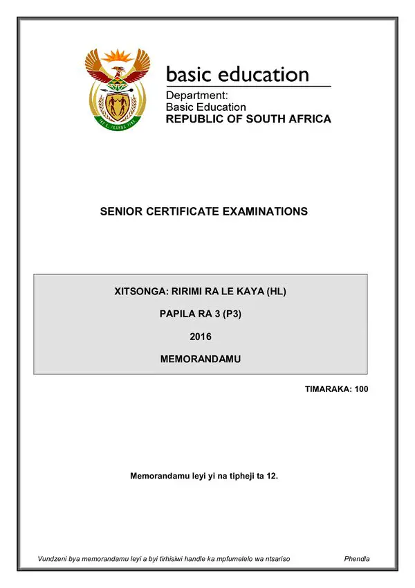 Xitsonga Hl P3 Memo Gr12