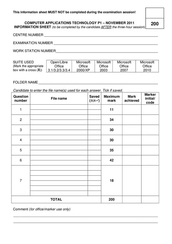 Computer Aplication Technology P1 Information Sheet (English)