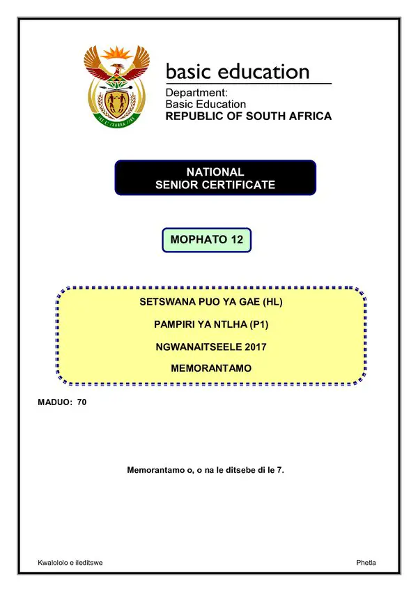 Setswana Hl P1 Memo