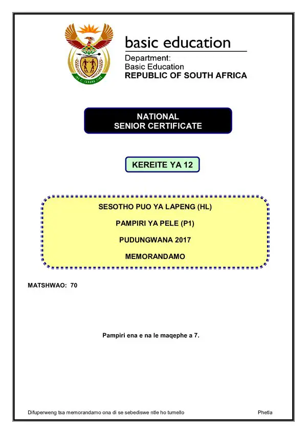 Sesotho Hl P1 Memo