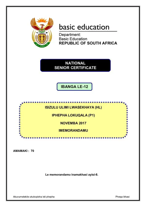 Isizulu Hl P1 Memo